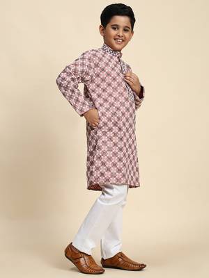 Peach floral printed cotton kurta & pant set for boys party,wedding outfits traditional wear 4