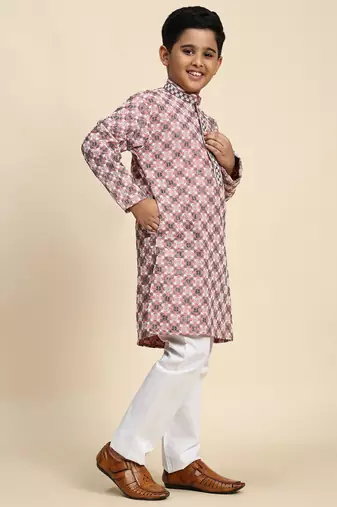 Peach floral printed cotton kurta & pant set for boys party,wedding outfits traditional wear