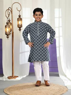 Royal blue floral printed cotton kurta & pant set for boys party,wedding outfits traditional wear 1