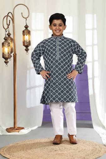 Royal blue floral printed cotton kurta & pant set for boys party,wedding outfits traditional wear
