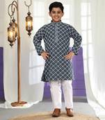 Royal blue floral printed cotton kurta & pant set for boys party,wedding outfits traditional wear