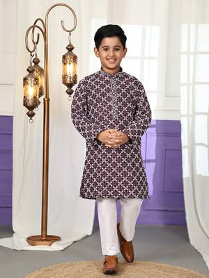 Wine floral printed cotton kurta & pant set for boys party,wedding outfits traditional wear 1
