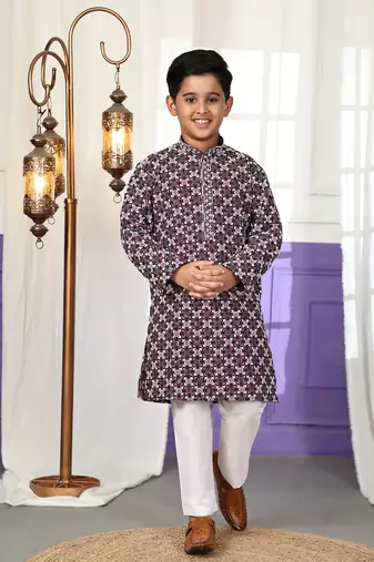 Wine floral printed cotton kurta & pant set for boys party,wedding outfits traditional wear