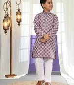 Pink floral printed cotton kurta & pant set for boys party,wedding outfits traditional wear