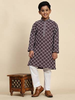 Wine floral printed cotton kurta & pant set for boys party,wedding outfits traditional wear 2