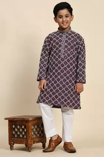 Wine floral printed cotton kurta & pant set for boys party,wedding outfits traditional wear