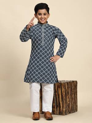 Royal blue floral printed cotton kurta & pant set for boys party,wedding outfits traditional wear 2