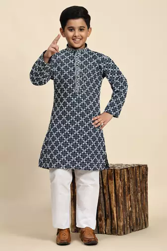 Royal blue floral printed cotton kurta & pant set for boys party,wedding outfits traditional wear