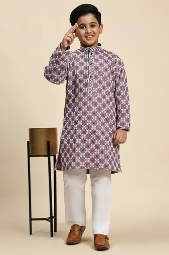 Pink floral printed cotton kurta & pant set for boys party,wedding outfits traditional wear