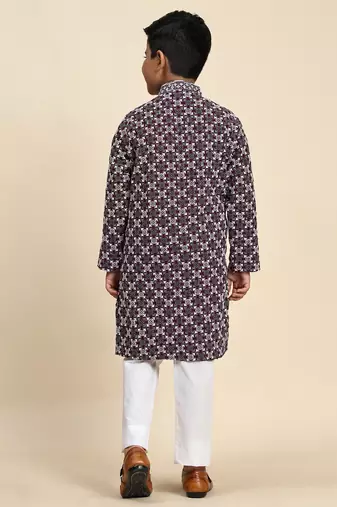 Wine floral printed cotton kurta & pant set for boys party,wedding outfits traditional wear