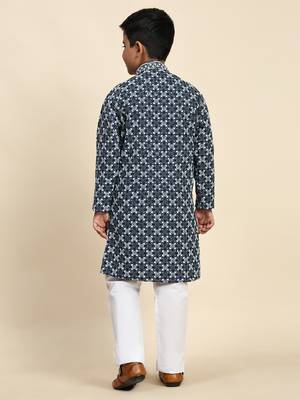 Royal blue floral printed cotton kurta & pant set for boys party,wedding outfits traditional wear 3
