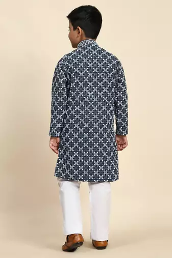 Royal blue floral printed cotton kurta & pant set for boys party,wedding outfits traditional wear