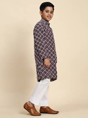 Wine floral printed cotton kurta & pant set for boys party,wedding outfits traditional wear 4