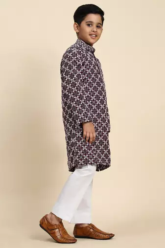 Wine floral printed cotton kurta & pant set for boys party,wedding outfits traditional wear