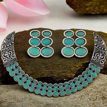 Mansiyaorange turquoise blue firozi matte silver oxidized rhodium white plated kempu stone choker 1