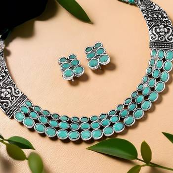 Mansiyaorange turquoise blue firozi matte silver oxidized rhodium white plated kempu stone choker 2