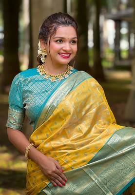 Yellow tissue silk blend traditionally rich Woven zari saree 3