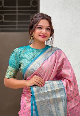 Pink tissue silk blend traditionally rich Woven zari saree 1