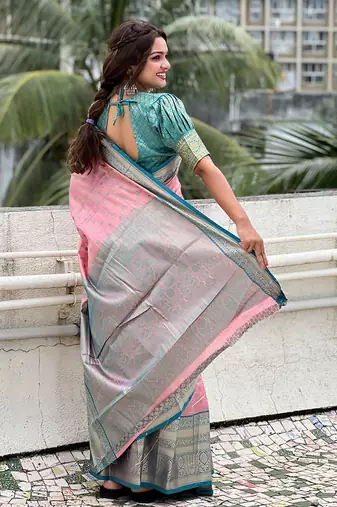 Pink tissue silk blend traditionally rich Woven zari saree