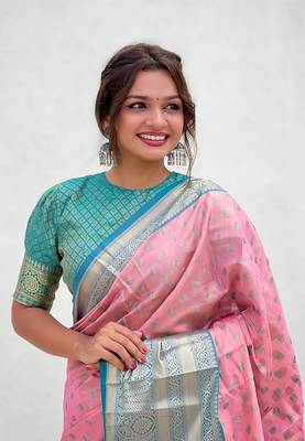 Pink tissue silk blend traditionally rich Woven zari saree 3