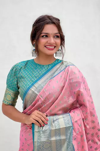 Pink tissue silk blend traditionally rich Woven zari saree