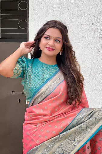 Rust tissue silk blend traditionally rich Woven zari saree