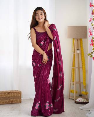 Wine georgette thread and sequins embroidery work glamorous partywear saree 1