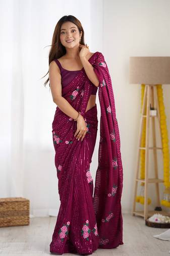 Wine georgette thread and sequins embroidery work glamorous partywear saree