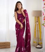 Wine georgette thread and sequins embroidery work glamorous partywear saree