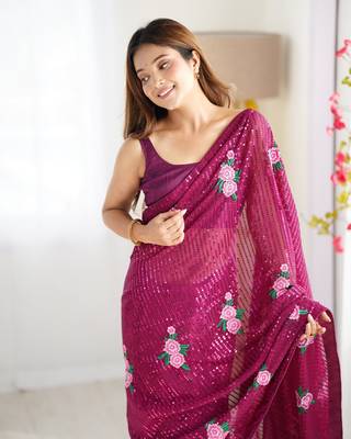Wine georgette thread and sequins embroidery work glamorous partywear saree 2