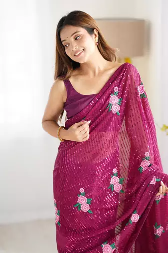 Wine georgette thread and sequins embroidery work glamorous partywear saree
