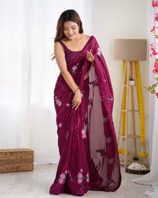 Wine georgette thread and sequins embroidery work glamorous partywear saree 3