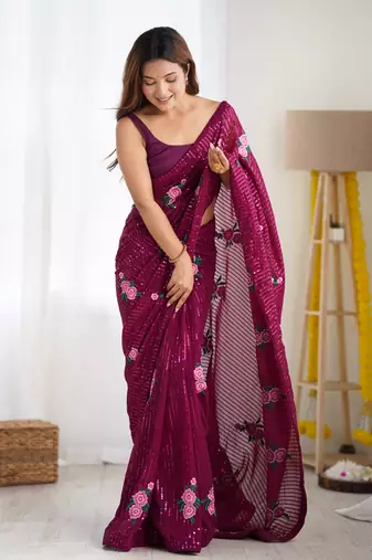 Wine georgette thread and sequins embroidery work glamorous partywear saree