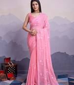 Pink shimmer chiffon designer sequance embroidery work heavy partywear trendy fashion saree