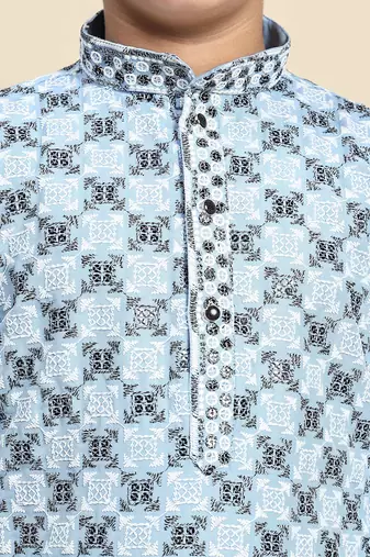 Sky blue floral printed cotton kurta & pant set for boys party,wedding outfits traditional wear