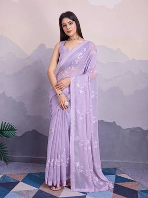 Lavender shimmer chiffon designer sequance embroidery work heavy partywear trendy fashion saree 1