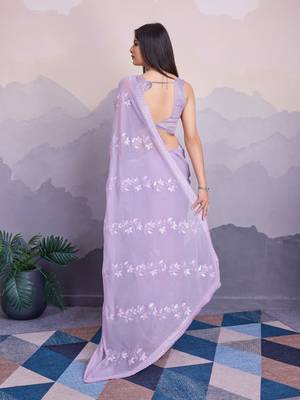 Lavender shimmer chiffon designer sequance embroidery work heavy partywear trendy fashion saree 2