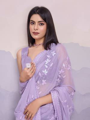 Lavender shimmer chiffon designer sequance embroidery work heavy partywear trendy fashion saree 3
