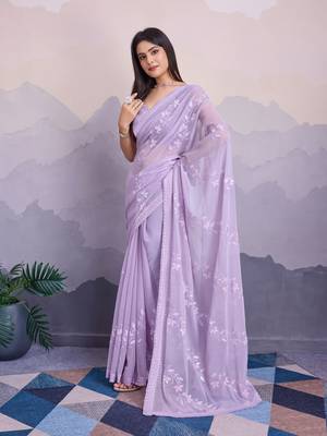 Lavender shimmer chiffon designer sequance embroidery work heavy partywear trendy fashion saree 4