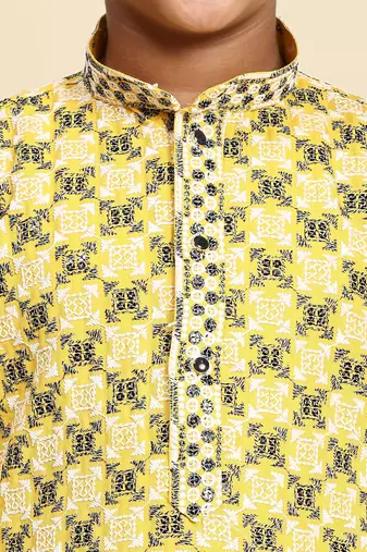 Yellow floral printed cotton kurta & pant set for boys party,wedding outfits traditional wear