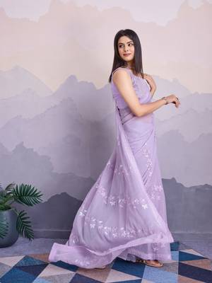 Lavender shimmer chiffon designer sequance embroidery work heavy partywear trendy fashion saree 5