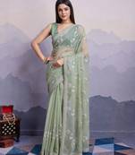 Green shimmer chiffon designer sequance embroidery work heavy partywear trendy fashion saree