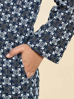 Royal blue floral printed cotton kurta & pant set for boys party,wedding outfits traditional wear 5