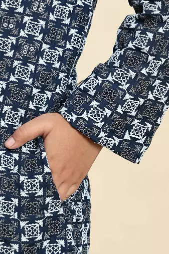 Royal blue floral printed cotton kurta & pant set for boys party,wedding outfits traditional wear