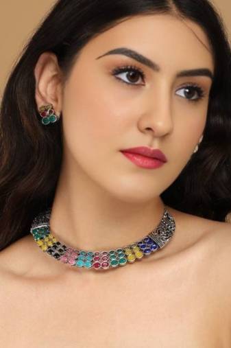 Mansiyaorange multicolor matte silver oxidized rhodium white plated kempu stone choker