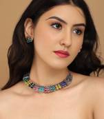 Mansiyaorange multicolor matte silver oxidized rhodium white plated kempu stone choker