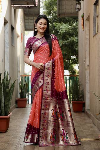 Brown rust dola silk c Woven paithani designer saree with traditional bandhej print