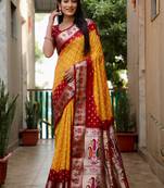 Mustard dola silk c Woven paithani designer saree with traditional bandhej print