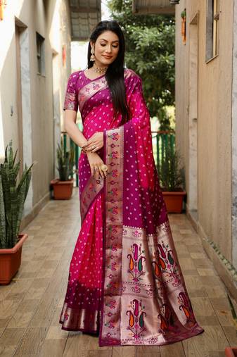 Pink dola silk c Woven paithani designer saree with traditional bandhej print