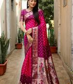 Pink dola silk c Woven paithani designer saree with traditional bandhej print